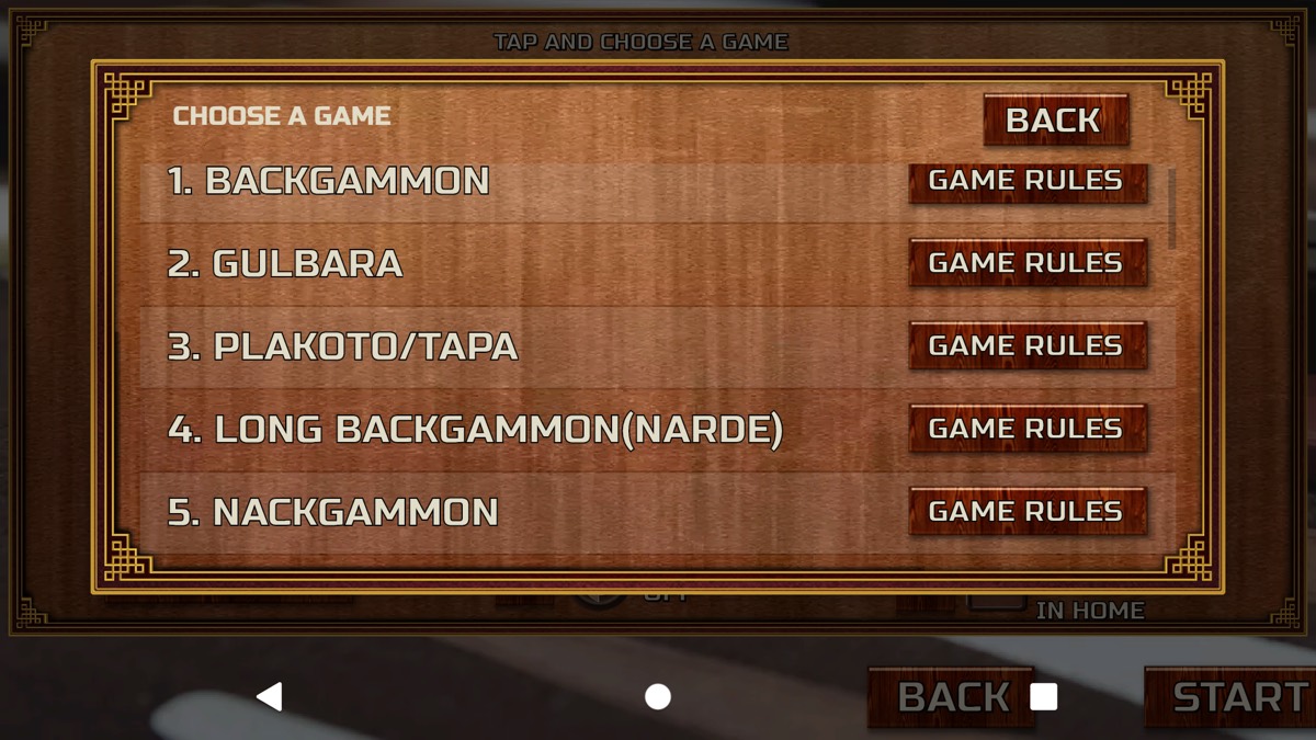 Game list showing Backgammon, Gulbara, Plakoto, Narde and Nackgammon
