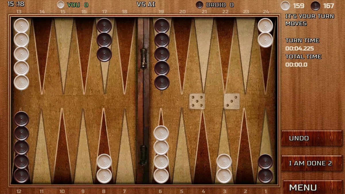 Wood backgammon board in a match against the AI