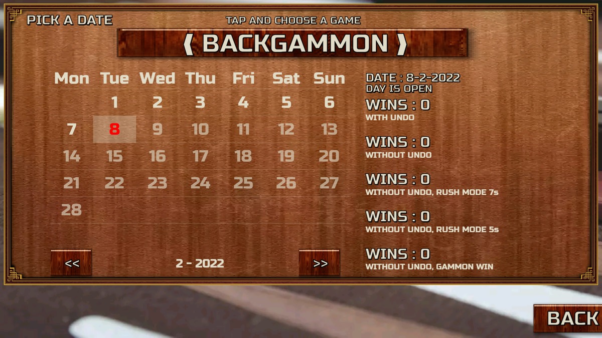 Daily challenges calendar in Backgammon 18 Games